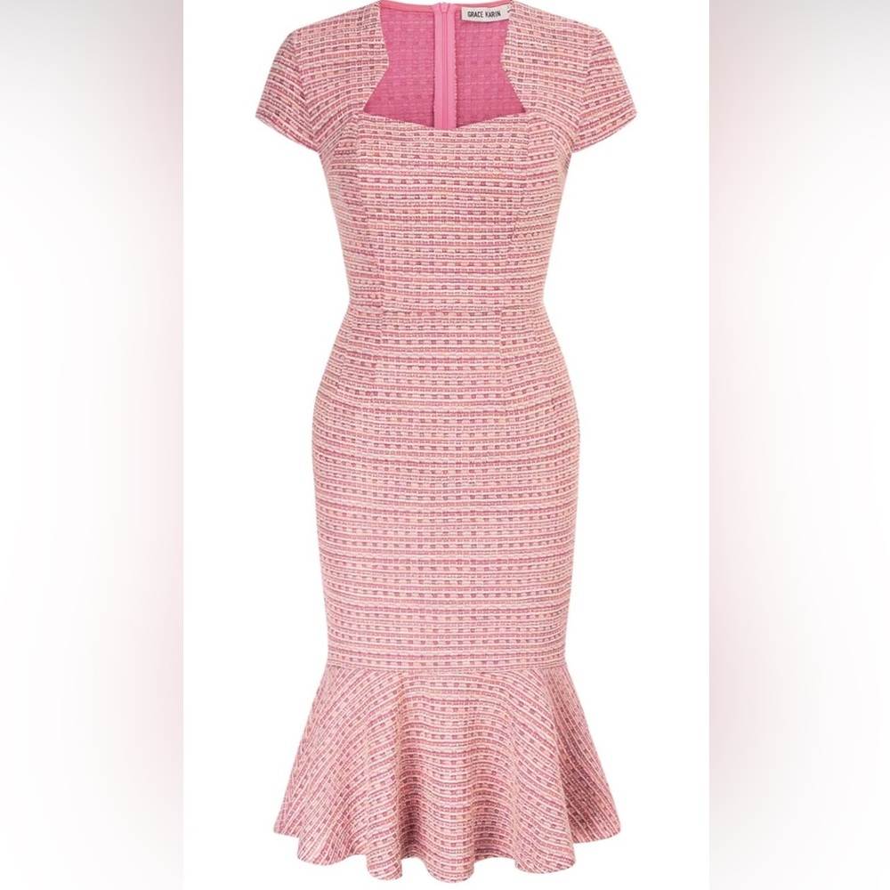 Grace Karin Pink Tweed Mermaid Midi Dress